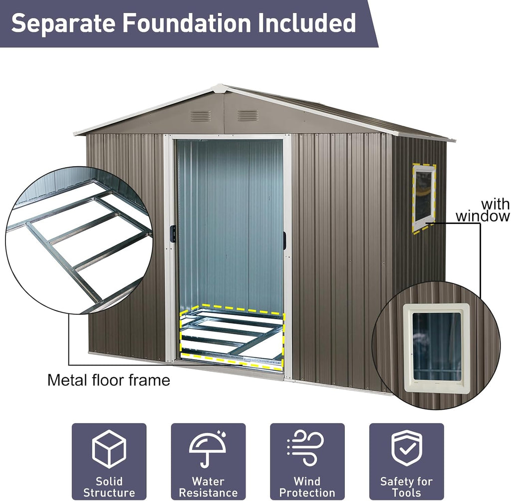 KEIKI 8x6 FT Outdoor Metal Storage Shed with Peaked Roof,Vents,Window and Metal Foundation for Garden Yard Lawn