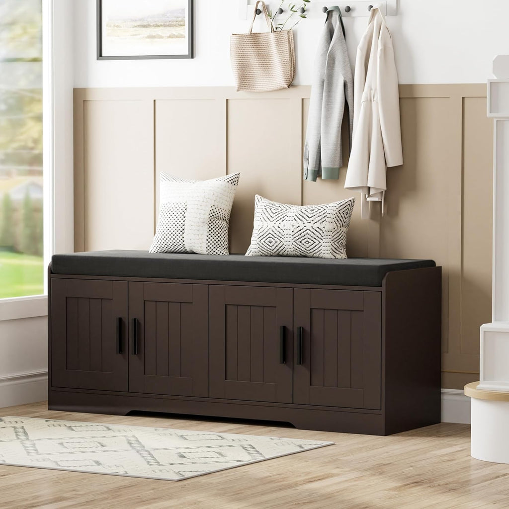 Homleke 2-Tier Storage Bench, Shoe Bench with Thickened Padded Seat Cushion, Entryway Bench with 4 Doors, Adjustable Shelf, 13.8' D x 45.3' W x 18.5' H, for Entryway, Living Room, Bedroom, Brown