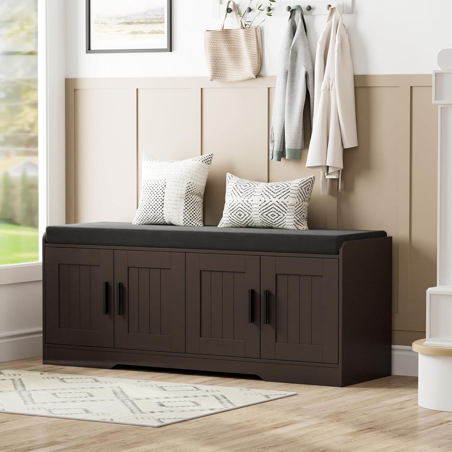 Homleke 2-Tier Storage Bench, Shoe Bench with Thickened Padded Seat Cushion, Entryway Bench with 4 Doors, Adjustable Shelf, 13.8' D x 45.3' W x 18.5' H, for Entryway, Living Room, Bedroom, Brown