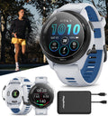 PlayBetter Garmin Forerunner 265 (Whitestone/Tidal Blue) Running GPS Smartwatch | Bright AMOLED Display, Recovery Insights | Bundle HD Screen Protectors & Portable Charger
