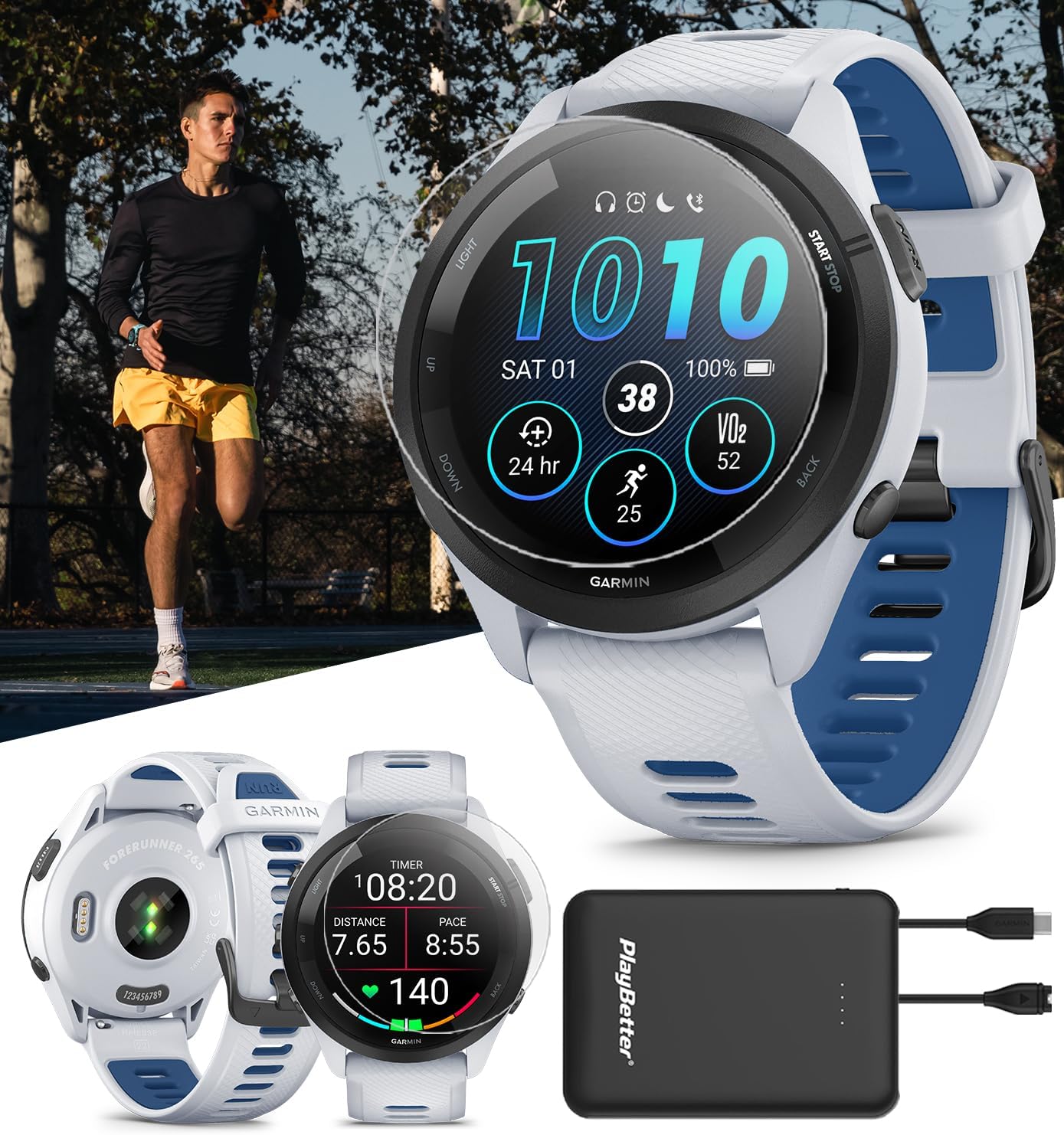 PlayBetter Garmin Forerunner 265 (Whitestone/Tidal Blue) Running GPS Smartwatch | Bright AMOLED Display, Recovery Insights | Bundle HD Screen Protectors & Portable Charger