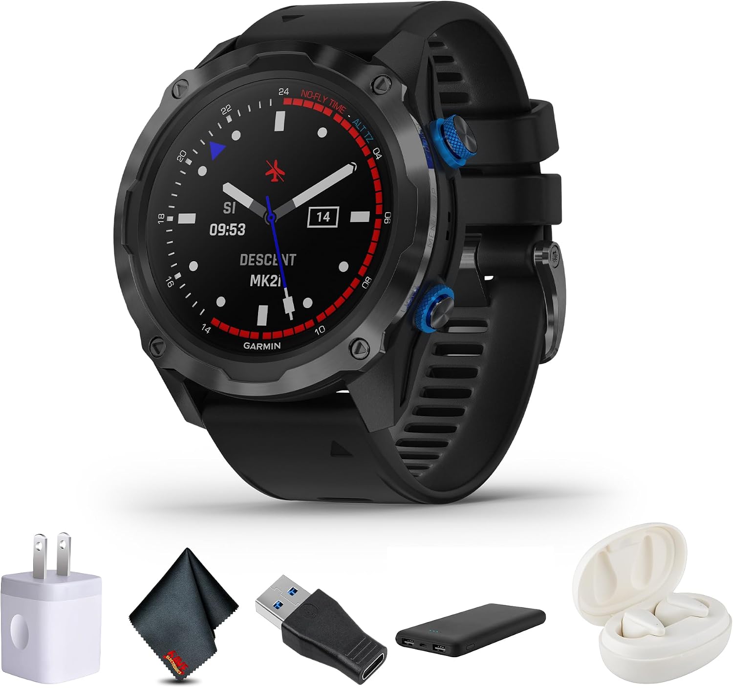 Garmin Descent Mk2i, Watch-Style Dive Computer with Air Integration, Multisport Smartwatch, Titanium Carbon Gray DLC with Black Band Bundle with Microfiber Cleaning Cloth + Wireless Earbuds