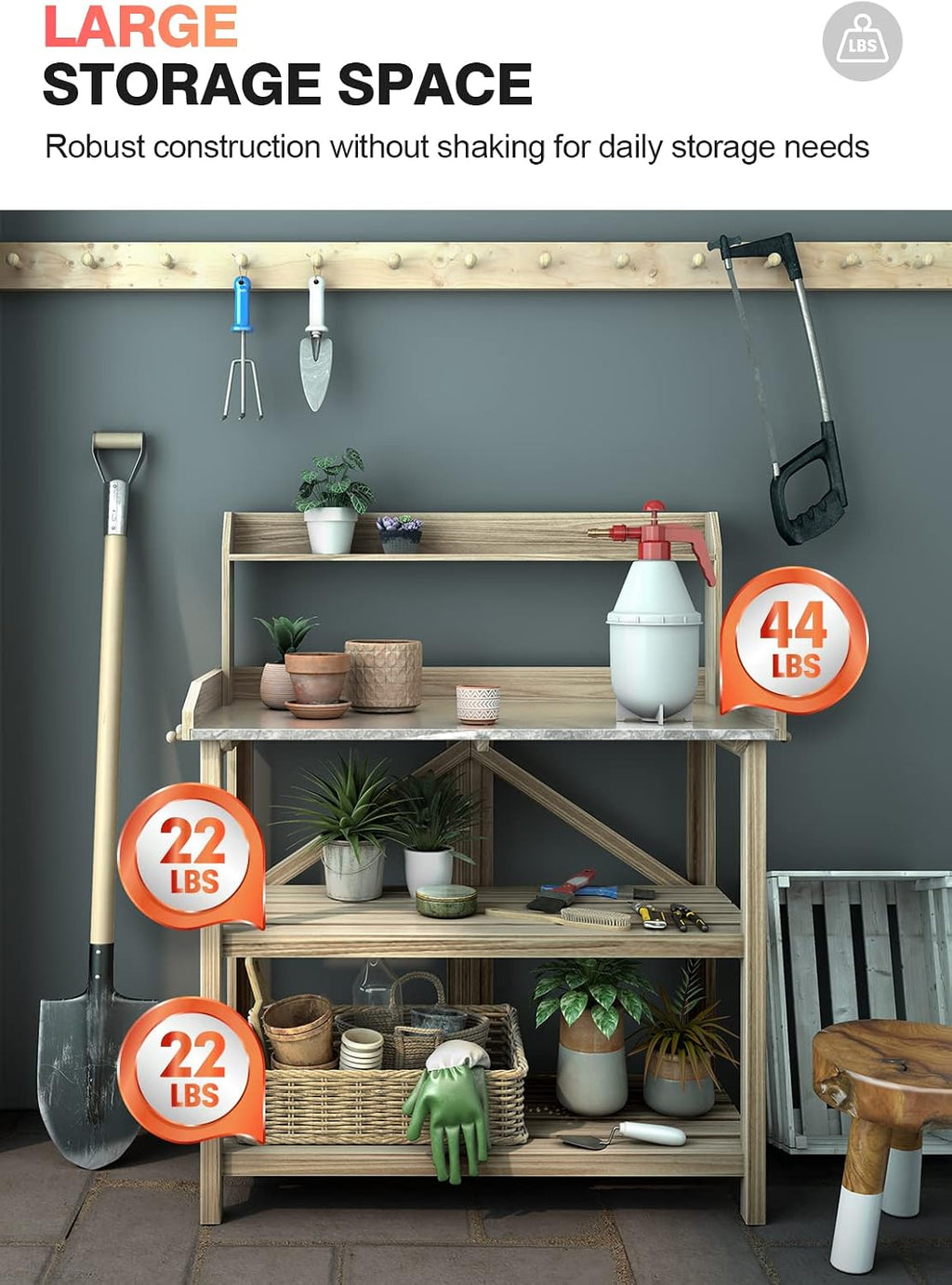 ARNOT Potting Bench, Enhanced 3-Shelf Potting Benches for Outdoors, Wooden Garden Potting Bench Tables W/Metal Tabletop & Cabinet Drawer, 3 Hooks