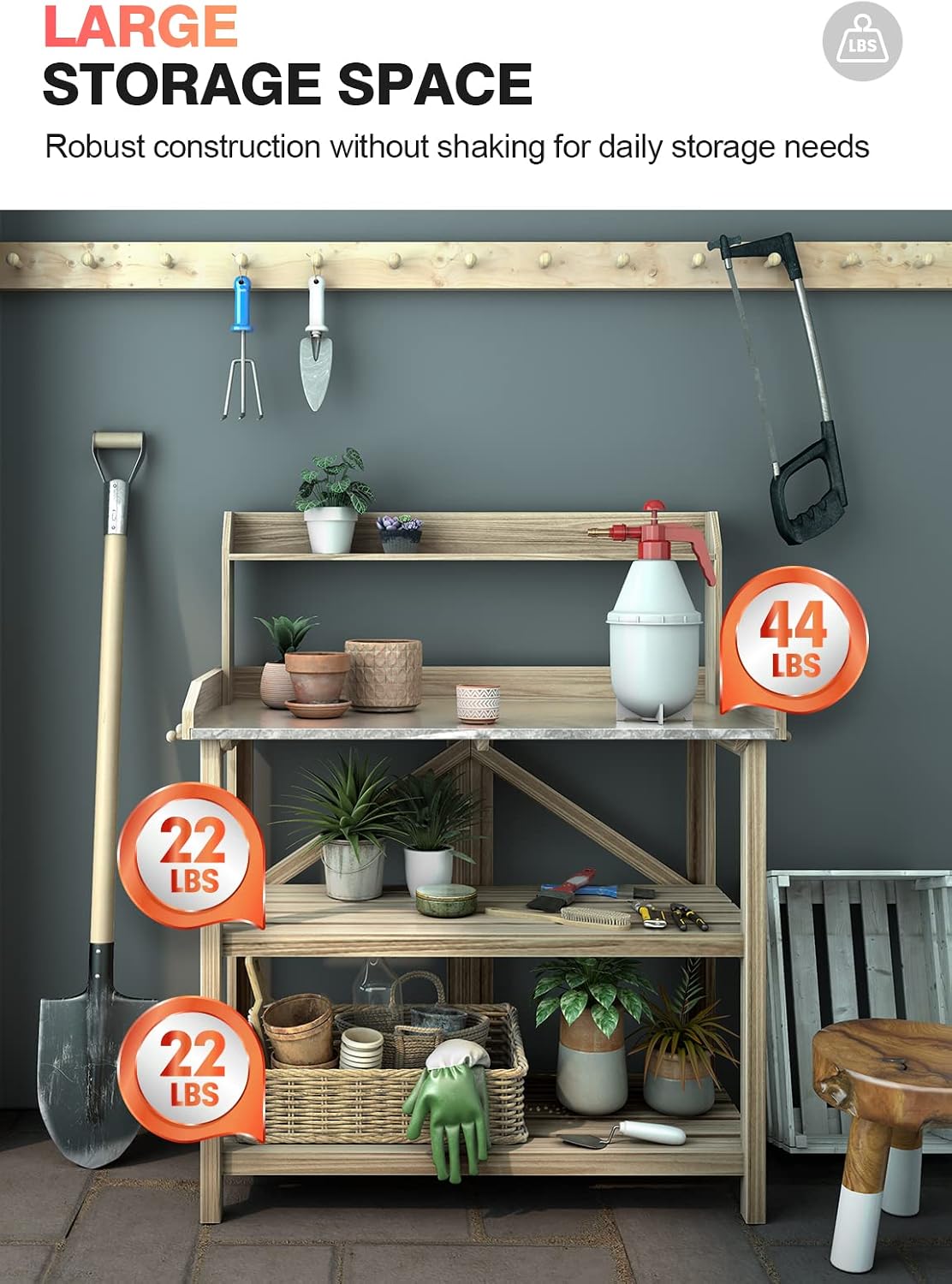 ARNOT Potting Bench, Enhanced 3-Shelf Potting Benches for Outdoors, Wooden Garden Potting Bench Tables W/Metal Tabletop & Cabinet Drawer, 3 Hooks