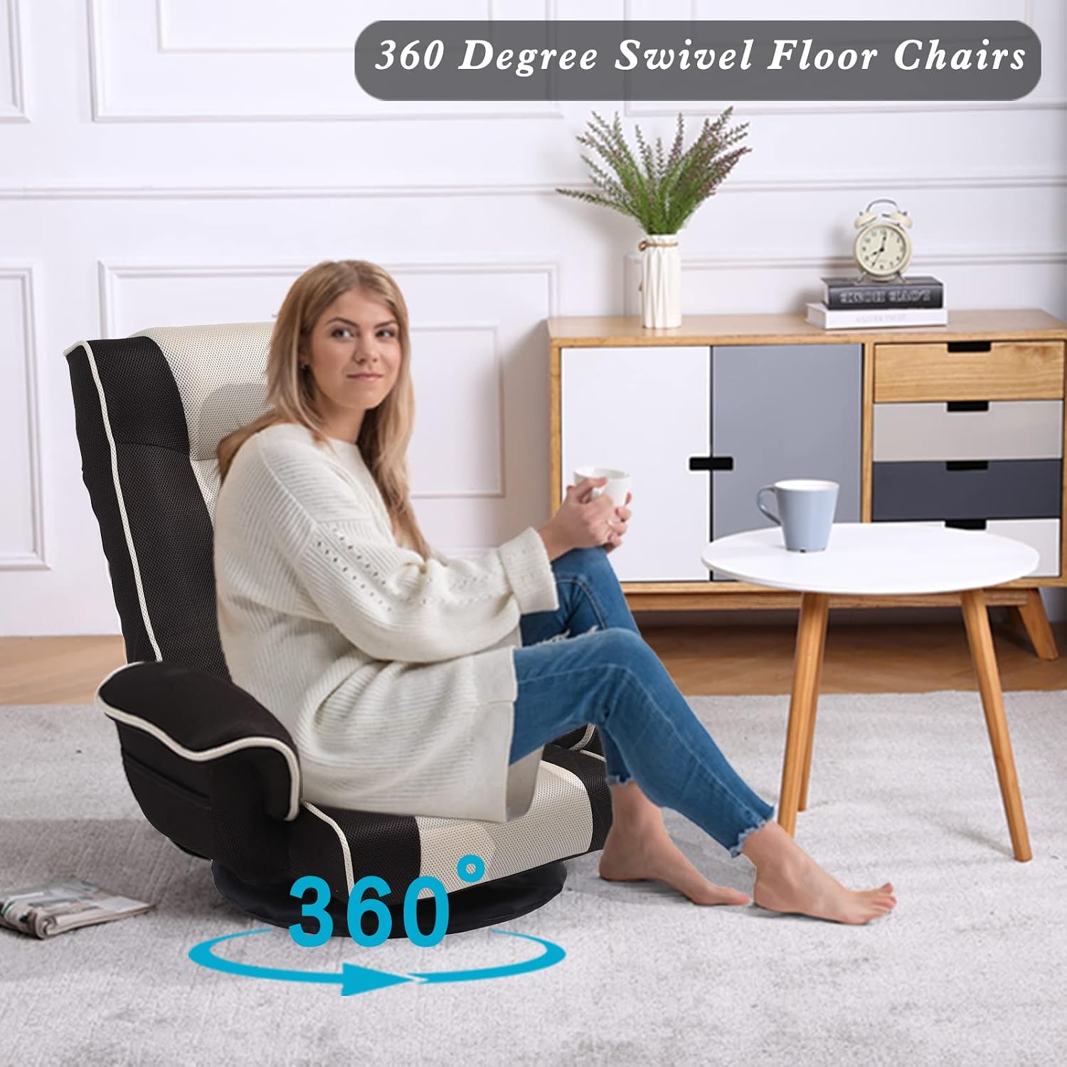 360 Degree Swivel Floor Chairs for Adults, Gaming Floor Chair with Back Support, 14 Angles Adjustable Comfortable Floor Lounge Chair Folding Video Game Chairs Office Bedroom 201(Coffee)