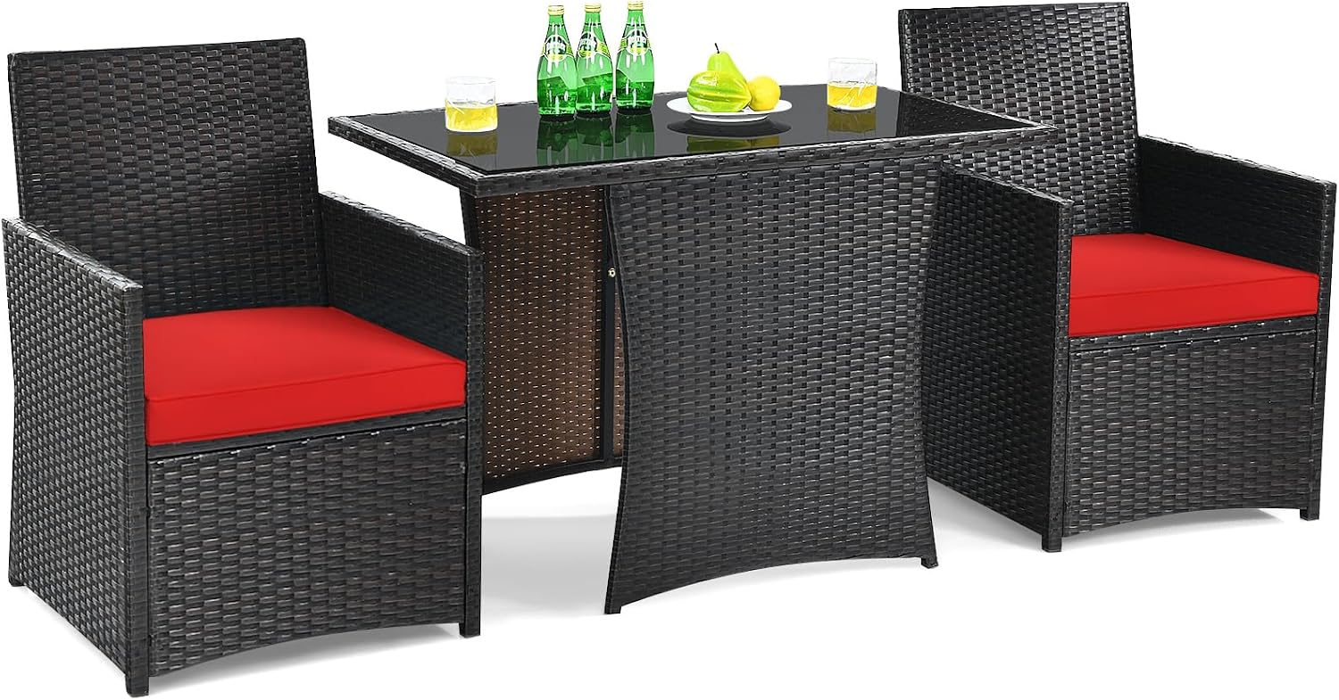 DORTALA Wicker Patio Bistro Set 3 Piece, Outdoor Table and Chairs with Tempered Glass Tabletop, Cushions, Small Rattan Furniture Conversation Sofa Set for Balcony, Porch, Backyard, Deck, Red