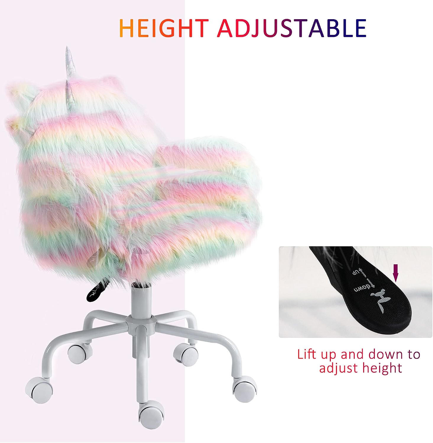 HOMCOM Fluffy Unicorn Office Chair with Mid-Back and Armrest Support, 5 Star Swivel Wheel White Base, Rainbow