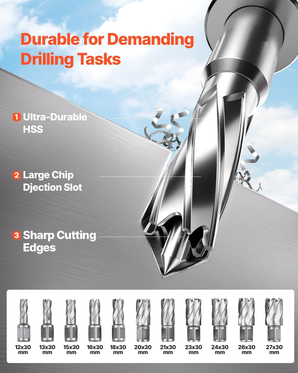 VEVOR Magnetic Drill, 1400W Motor 1.6 in Boring Diameter, 2810 lbf Portable Electric Mag Drill Press, with 11 Coring Bits, 800 RPM Speed, Drilling Machine for Metal Surface, Home Improvement Industry