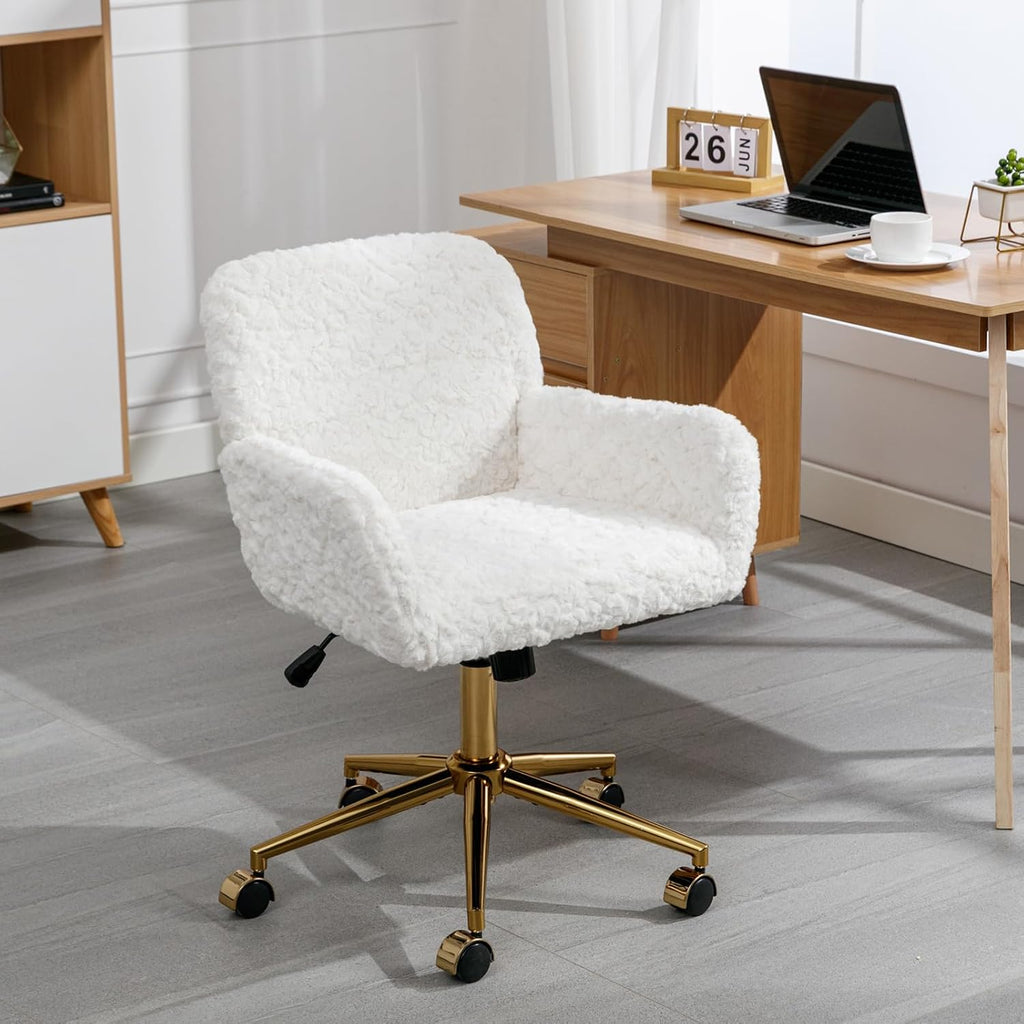 Shenyon White Desk Chair Faux Fur Vanity Chair, Comfortable Home Office Desk Chair with Wheels and Arms, Swivel Cute Office Chair Height Adjustable for Teens Girls Women Home Office, White