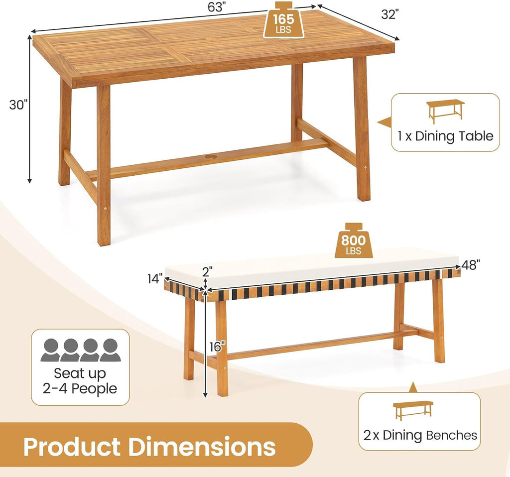 Tangkula 3 Piece Patio Dining Set for 4 People, 63' Outdoor Acacia Wood Rectangular Table with 1.97' Umbrealla Hole & 2 Cushioned Bench, for Deck Yard and Poolside