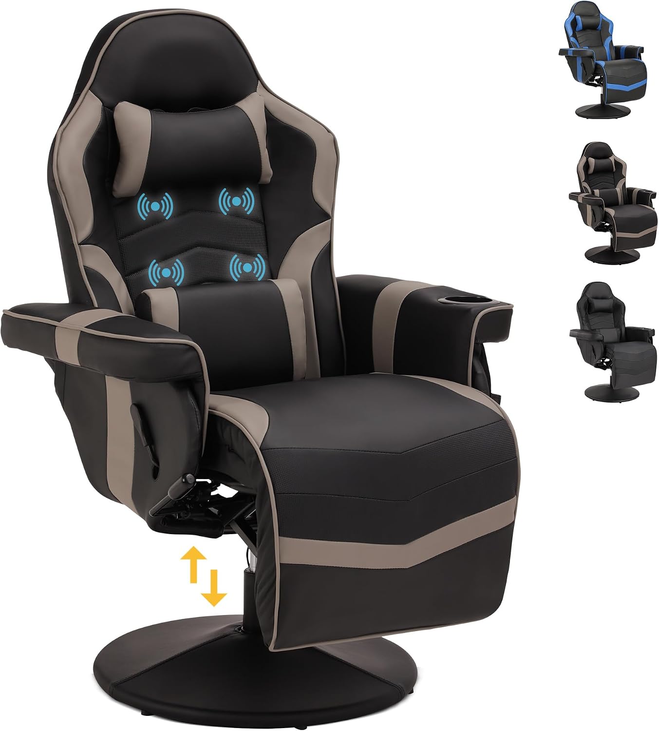 Game Reclining Chair with Adjustable Height, PU Gaming Chair with Massage, Long Footrest and Lumbar Support, High Back Swivel Computer Game Chair for Adult (Gray)