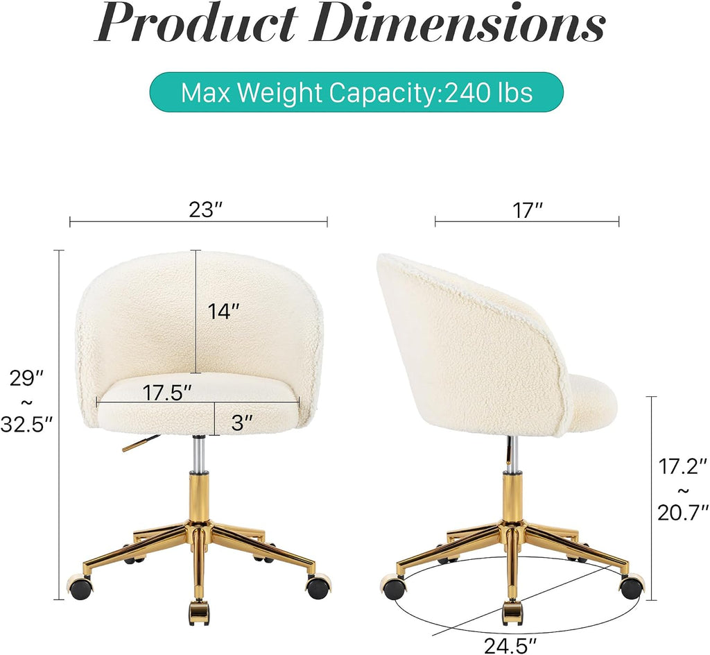 KCC Faux Fur Office Desk Chair, Comfy Fluffy Swivel Modern Leisure Armchair with Wheels, Upholstered Comfy Fuzzy Vanity Makeup Chair Height Adjustable for Teens Women Girls Elegant Home Office