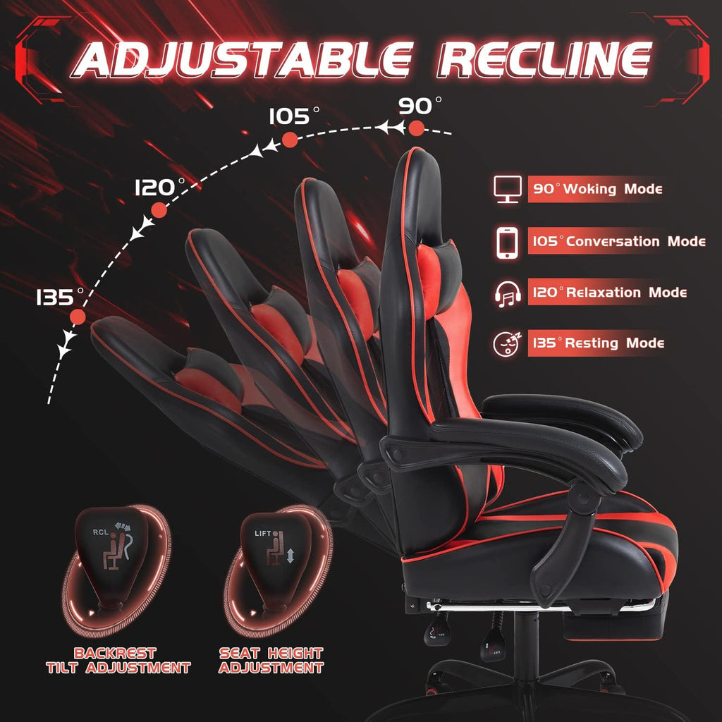 Shahoo Gaming Chair, Video Gaming Chair with Footrest and Lumbar Support, Ergonomic Computer Chairs with 360° Swivel and Height Adjustable, Spin Chair with Headrest for Home Office, Study Room (Red)