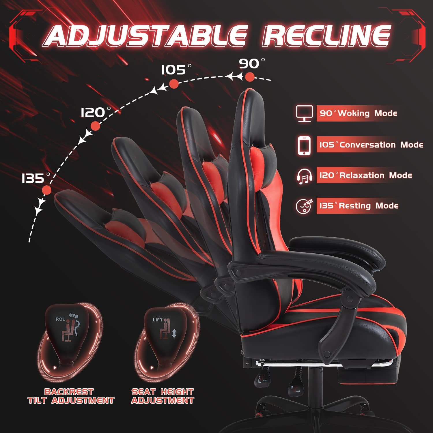 Shahoo Gaming Chair, Video Gaming Chair with Footrest and Lumbar Support, Ergonomic Computer Chairs with 360° Swivel and Height Adjustable, Spin Chair with Headrest for Home Office, Study Room (Red)