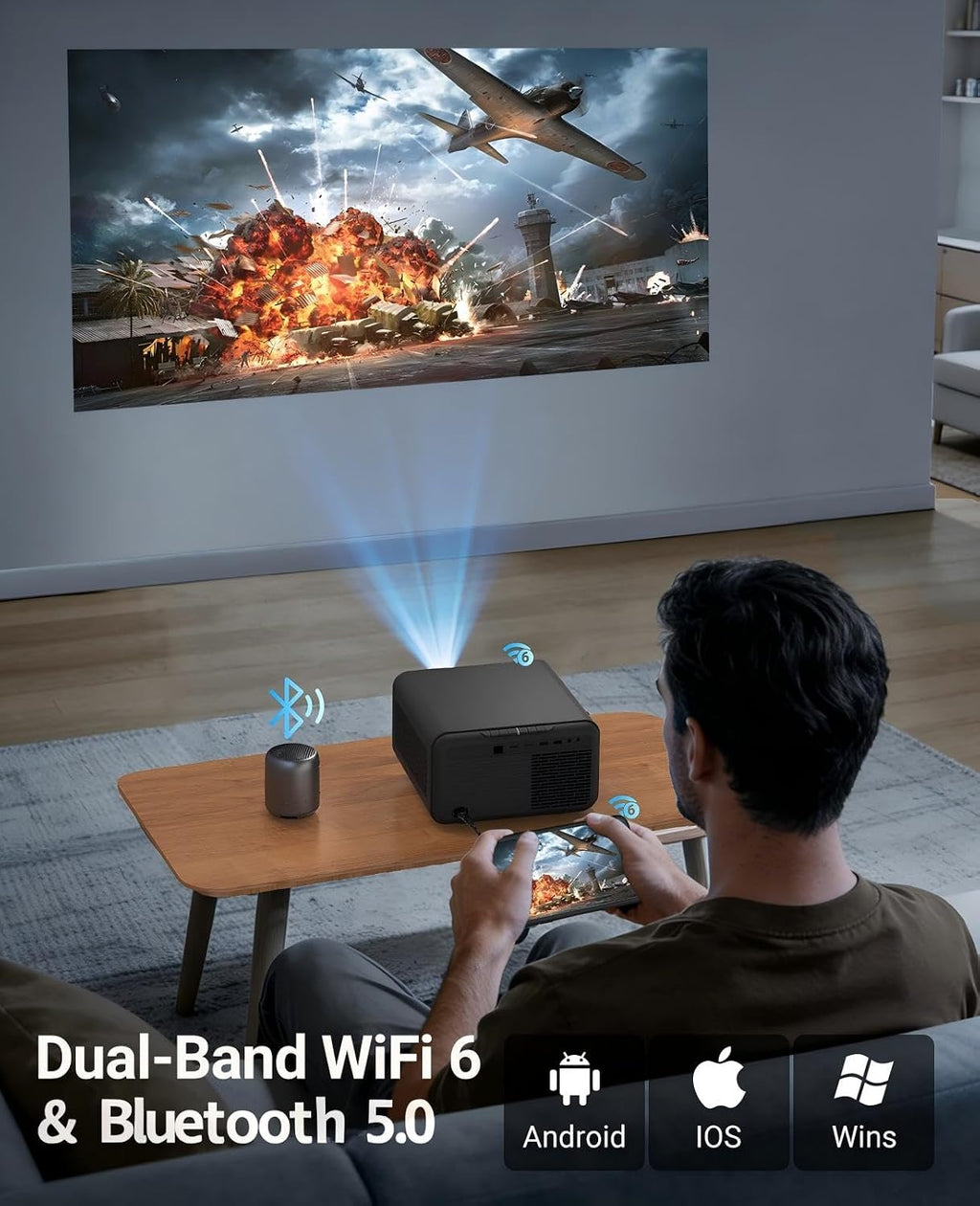 【Native 1080P & Auto Focus】Mini Projector with WiFi and Bluetooth, 800Ansi Brightness, Support 4K HD, Portable Movie Projector, Auto Keystone Correction, Compatible with Smartphone, Laptop, HDMI, USB
