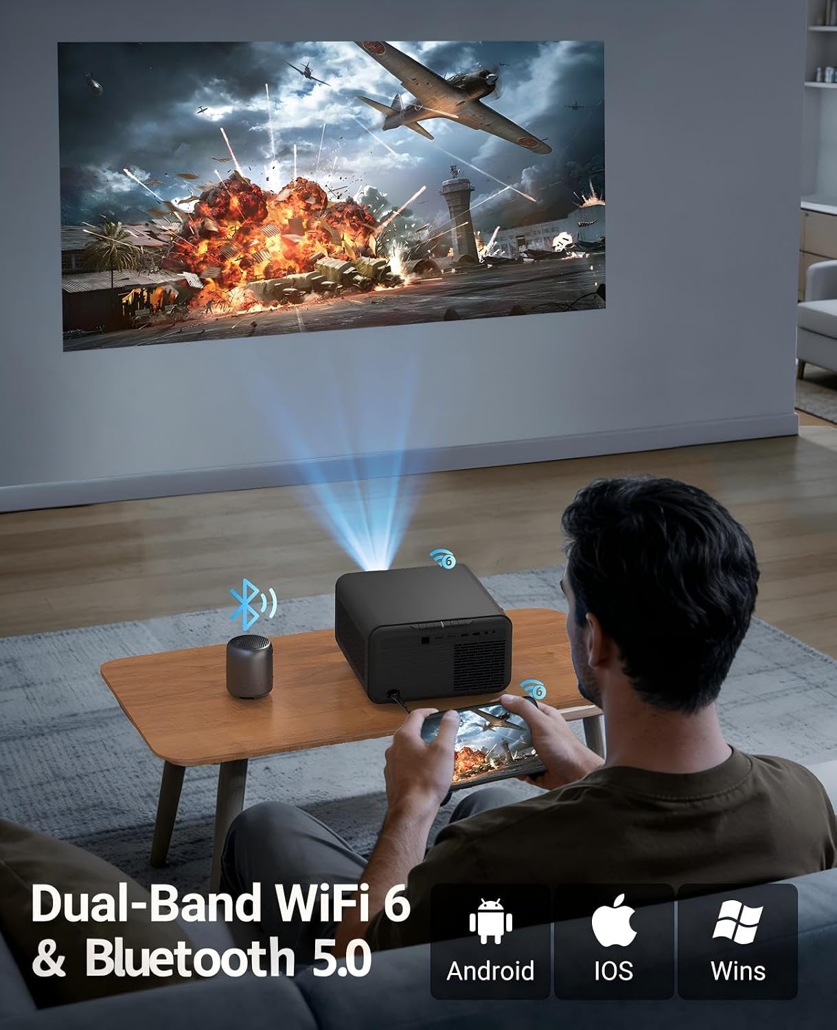 【Native 1080P & Auto Focus】Mini Projector with WiFi and Bluetooth, 800Ansi Brightness, Support 4K HD, Portable Movie Projector, Auto Keystone Correction, Compatible with Smartphone, Laptop, HDMI, USB