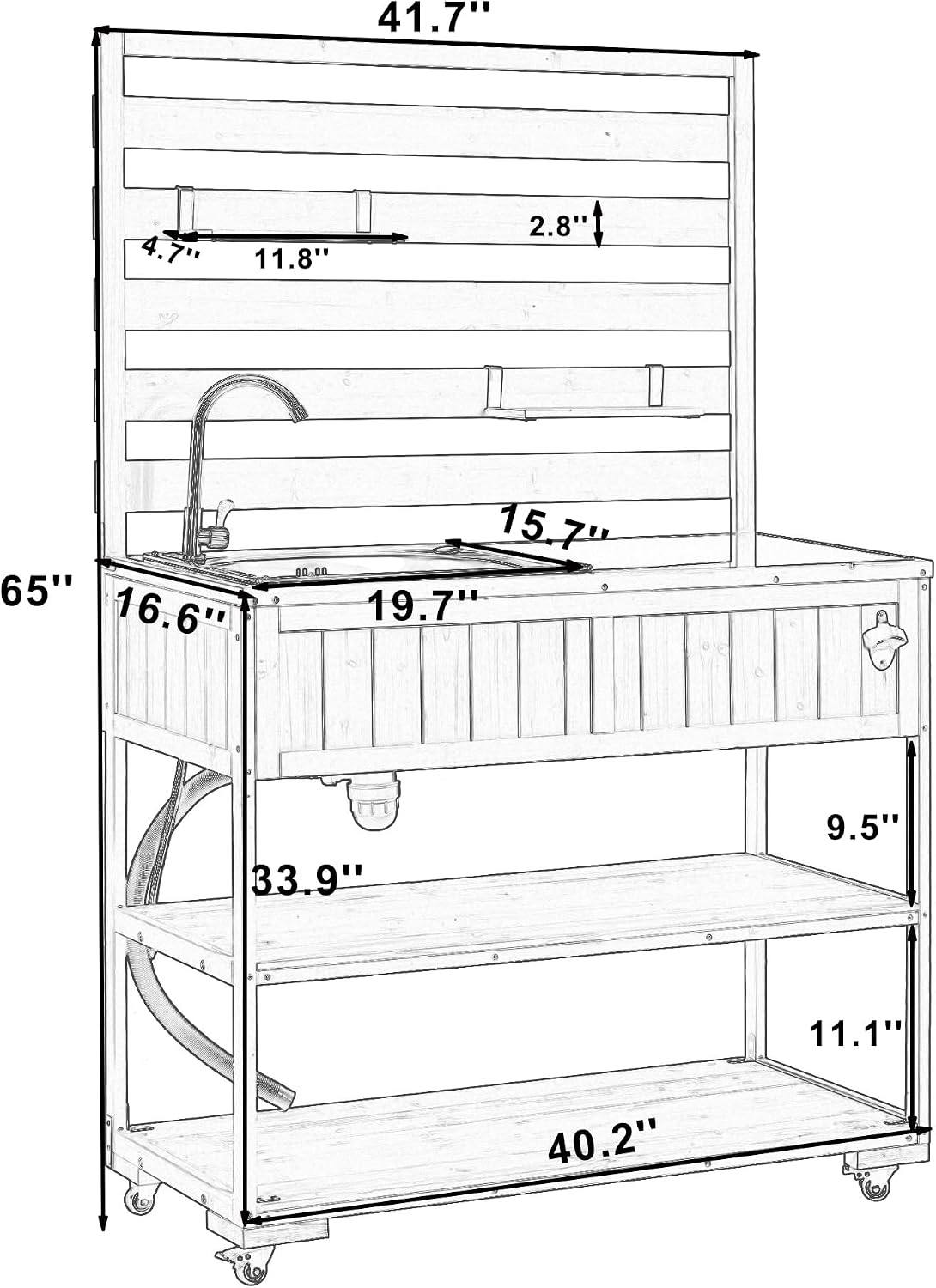 LUMISOL Outdoor Potting Bench Table with Sink and 2 Movable Shelves, Rolling Kitchen Cart with Stainless Table Top, 41.7'' Large Solid Wood Garden Workstation with 1 Bottle Opener, Brown