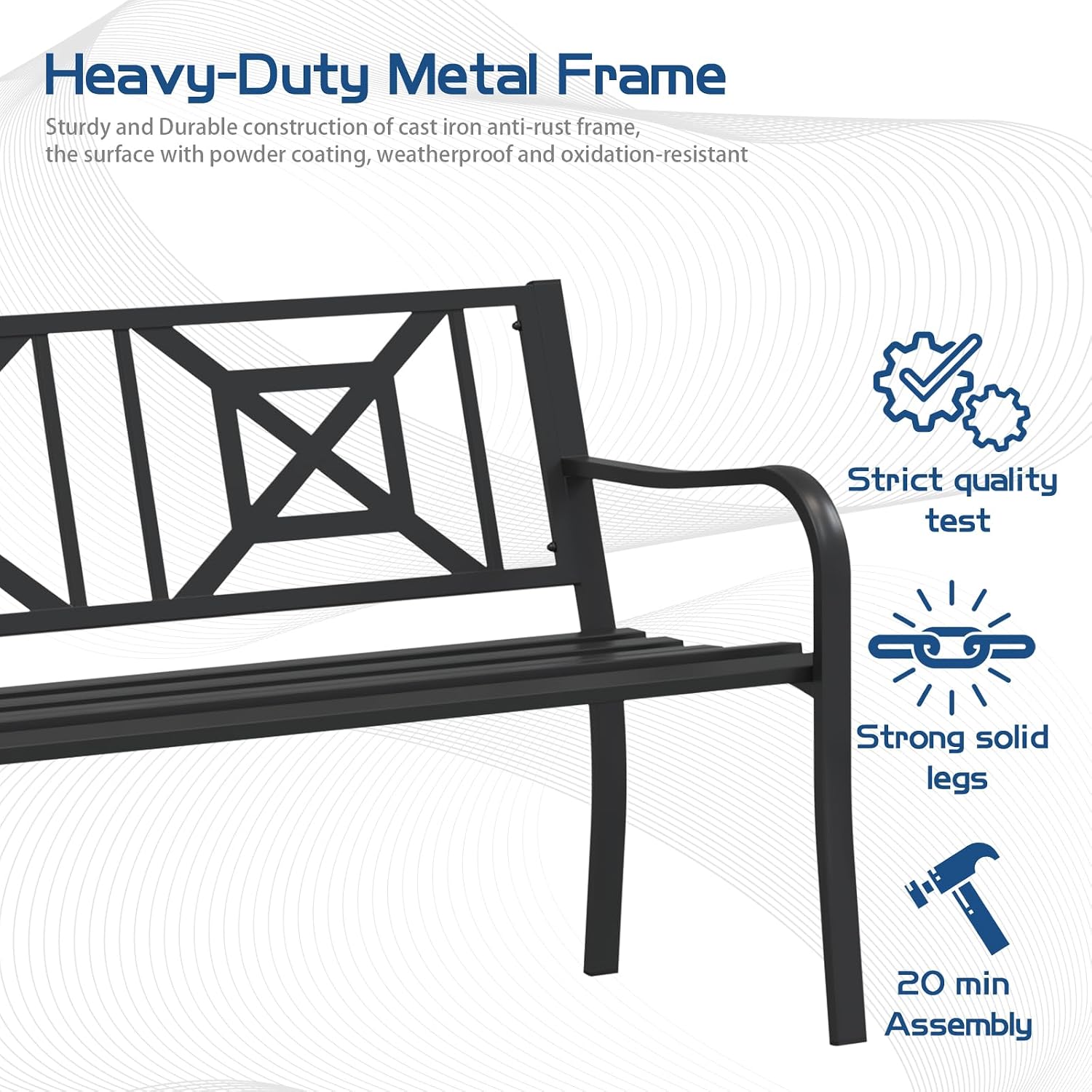 Black Outdoor Bench, Metal Weatherproof Garden Bench Cast Iron Heavy-Duty Patio Bench with Decorative Backrest for Proch Park 880lb Capacity