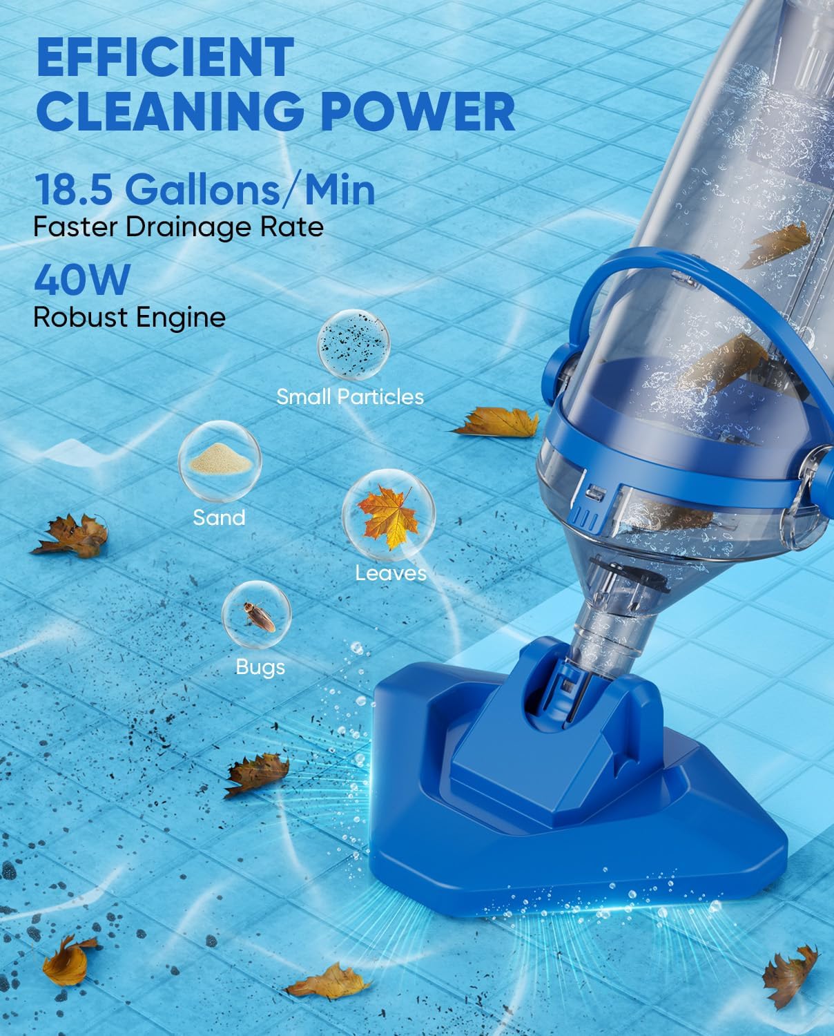 Teguy Cordless Pool Vacuum with Telescopic Pole, 18.5 GPM Powerful Suction, 1.5H Supercharge Technology, Handheld Rechargeable Pool Vacuum Cleaner for Above Ground/Inground Pools, Hot Tubs, Spas