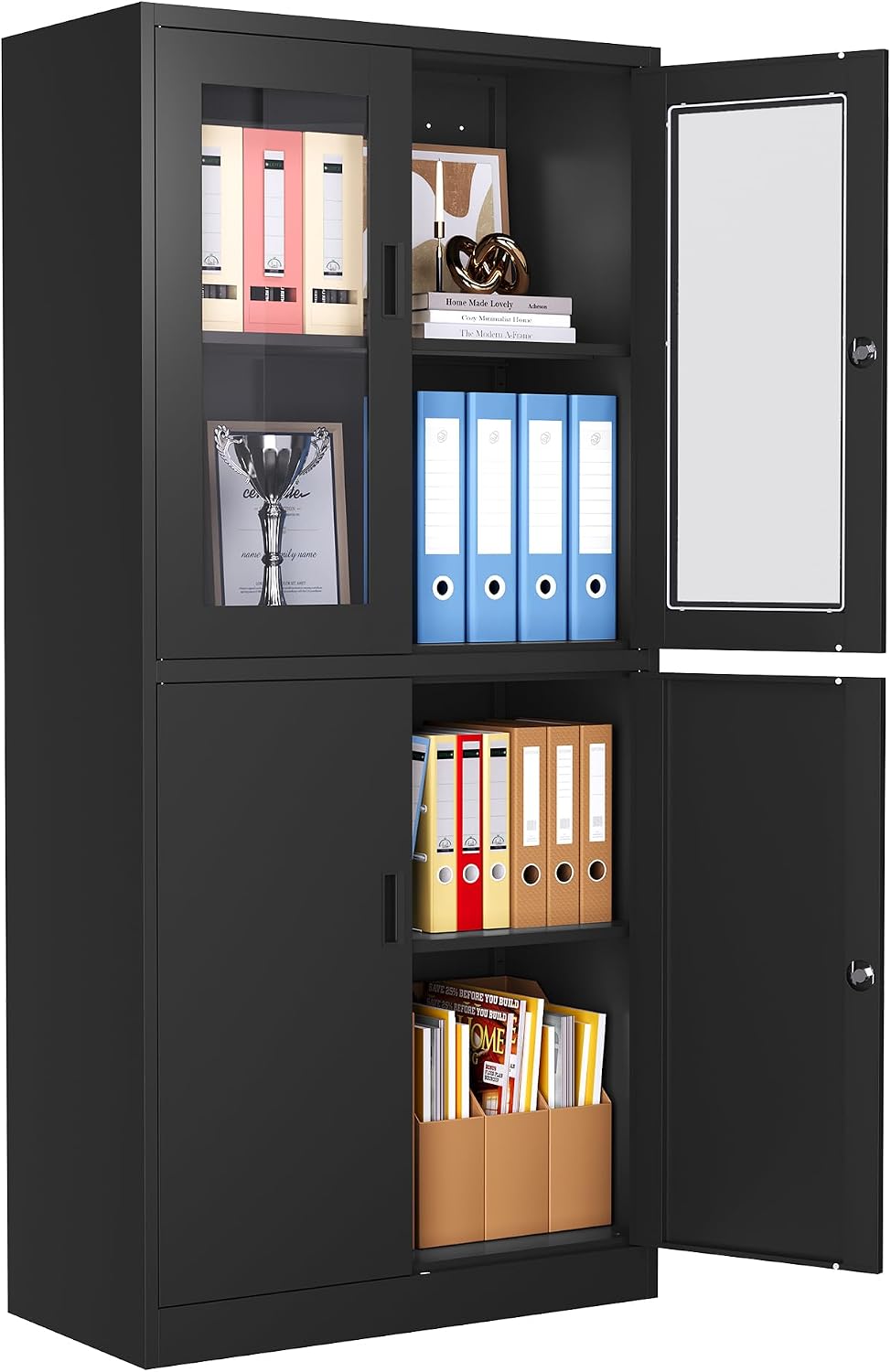 Metal Storage Cabinet with Glass Doors, Lockable Office Storage Cabinet, 71' Tall Display Case with Adjustable Shelves for Home Office,School and Hospital (Black)
