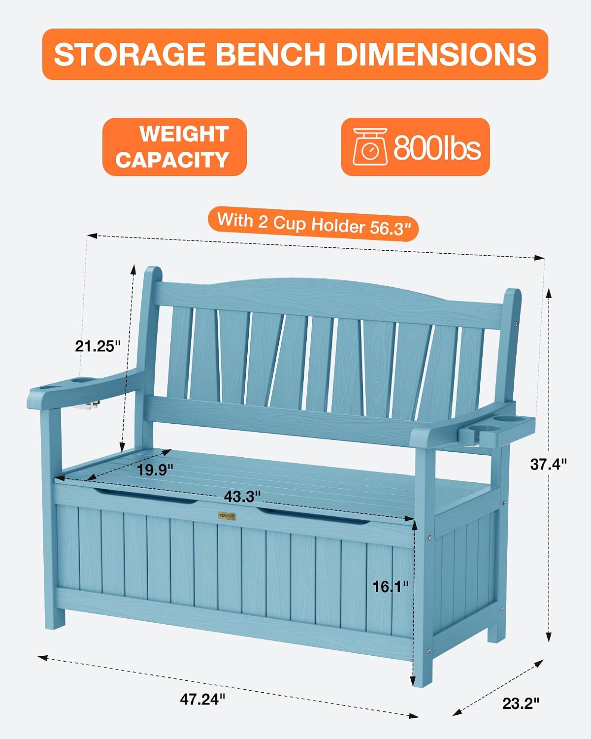 YEFU Outdoor Storage Bench for Patio: Heavy Duty Garden Bench with 96° High Backrest & Oversized Seating - HIPS Weatherproof Patio Bench with Storage for Porch Park Backyard, Blue