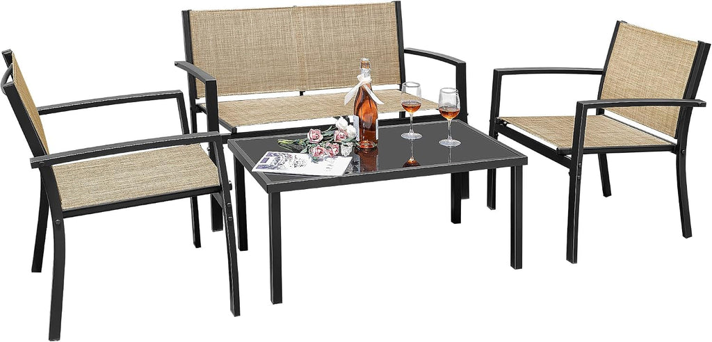 Greesum 4 Pieces Outdoor Furniture Set All Weather Patio Conversation Set with Porch Loveseat, Garden Bistro Chairs with Glass Coffee Table for Garden Backyard Poolside Textile Modern, Yellow