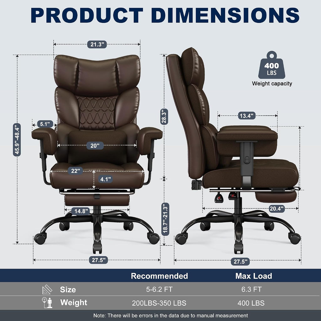 Misolant Big and Tall Office Chair with Footrest, High Back Executive Desk Chair with Adjustable Lift Armrest, 155°Recline，Lumbar Support Pillow, Faux Leather Gaming Chairs for Home or Office Brown