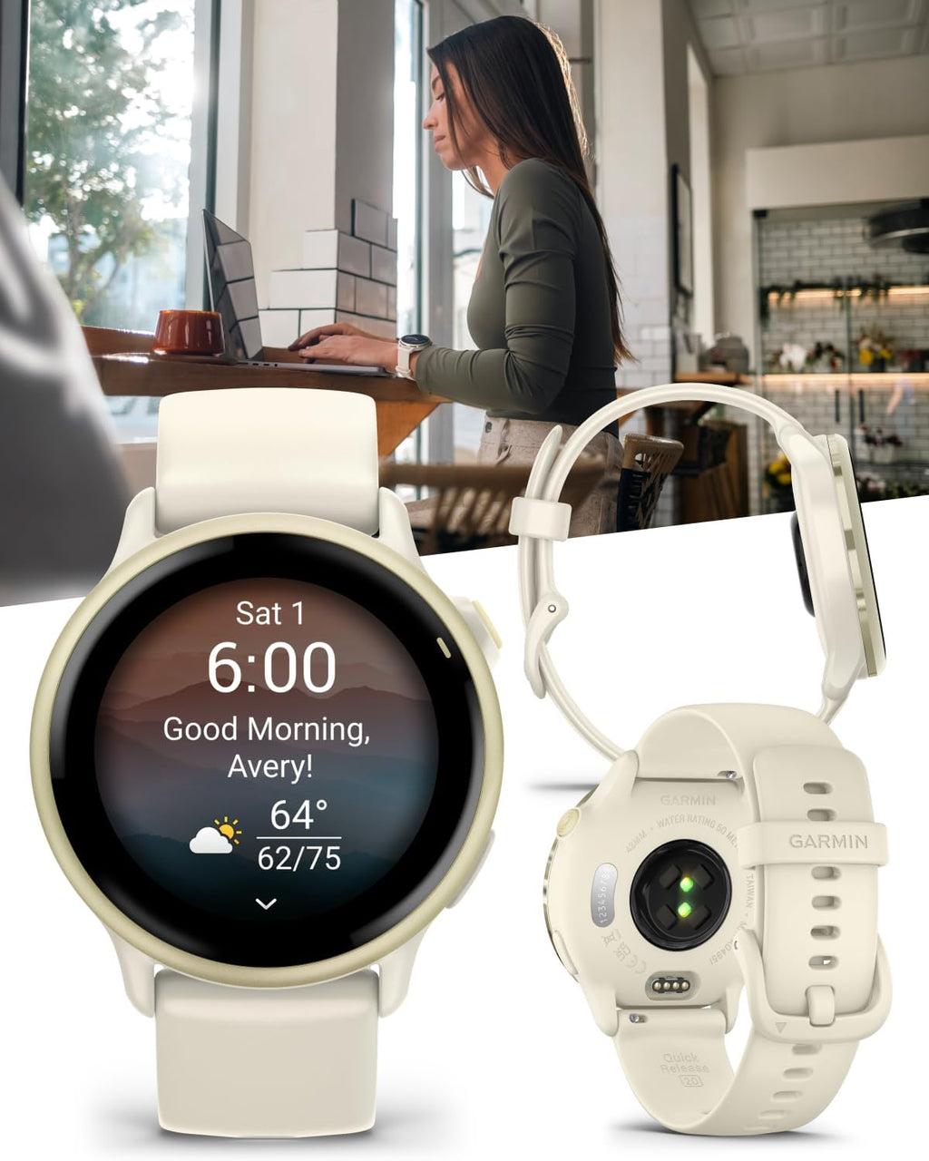 Garmin Vivoactive 6 - Health & Fitness Smartwatch, 1.2 in Bright AMOLED Display, GPS Sports Tracking, Up to 11 Days of Battery, Lunar Gold with Bone Band w PowerBank Bundle