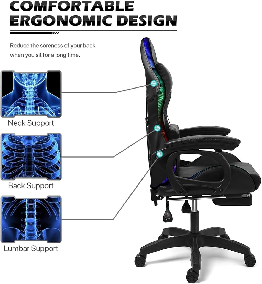Gaming Chair with Bluetooth Speakers,Computer Chair Massage with LED Lights,Ergonomic Game Chair,Computer Stool with Footrest and Lumbar Support Height Adjustable with 360°-Swivel Seat (White)