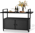 Outvita Patio Bar Table, Weatherproof Buffet Cabinet Wicker Outdoor Storage Cart with 2 Doors & Shelves Glass Tabletop for Tableware Wine Bottle and Glass, Towels, and Potting Supplies
