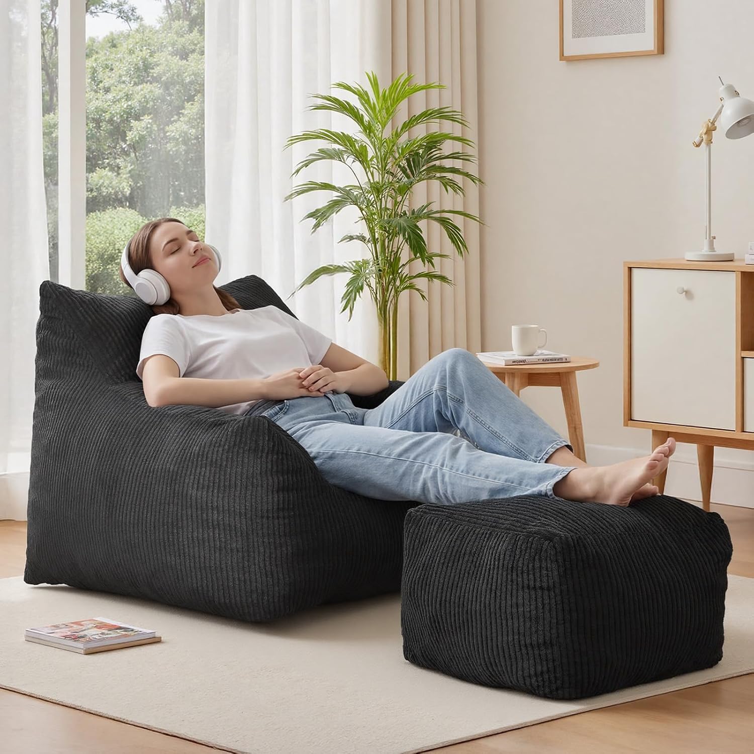 INMOZATA Memory Foam Bean Bag Chair with Ottoman, Oversized Plush Corduroy Cloud Couch, Beanbag Set for Adults & Teens, Comfy Lounge Sofa Gift for Bedroom, Dorm & Reading Nook (Black)