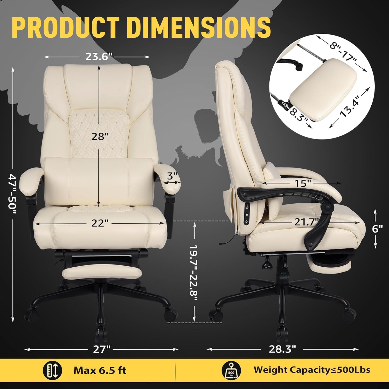 3D Kneading Massage Office Chair with Heat, 500 lbs Big and Tall Executive Computer Desk Recliner, Leather Electric Heated Office Chairs with Massage & Footrest