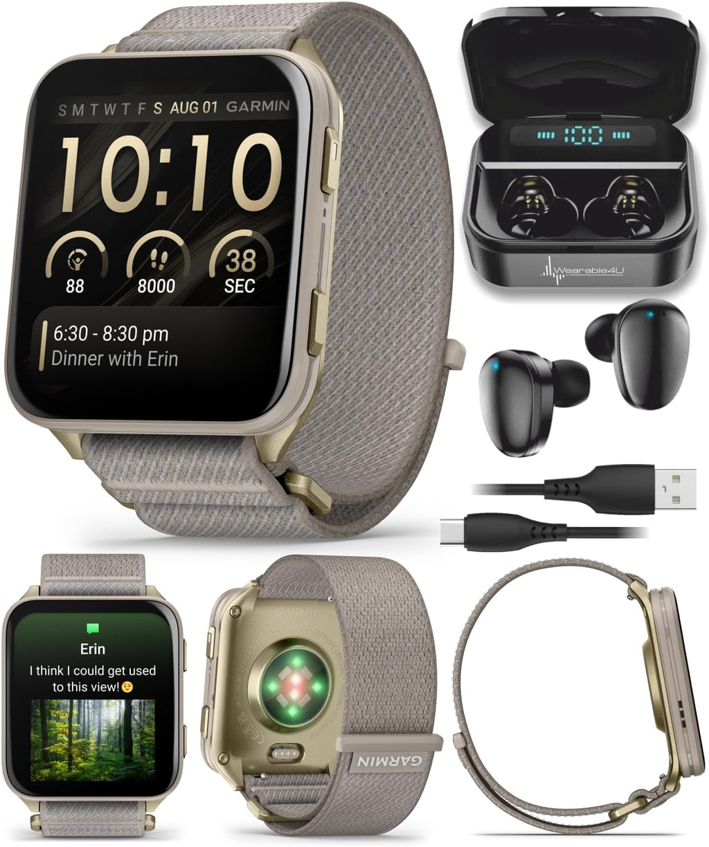 Garmin Venu X1 Thin and Lightweight GPS Smartwatch, AMOLED Display, Advanced Health & Fitness Features, Soft Gold w/Titanium Caseback & French Gray Nylon Band Black Earbuds Bundle