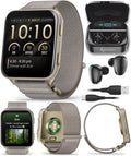 Garmin Venu X1 Thin and Lightweight GPS Smartwatch, AMOLED Display, Advanced Health & Fitness Features, Soft Gold w/Titanium Caseback & French Gray Nylon Band Black Earbuds Bundle