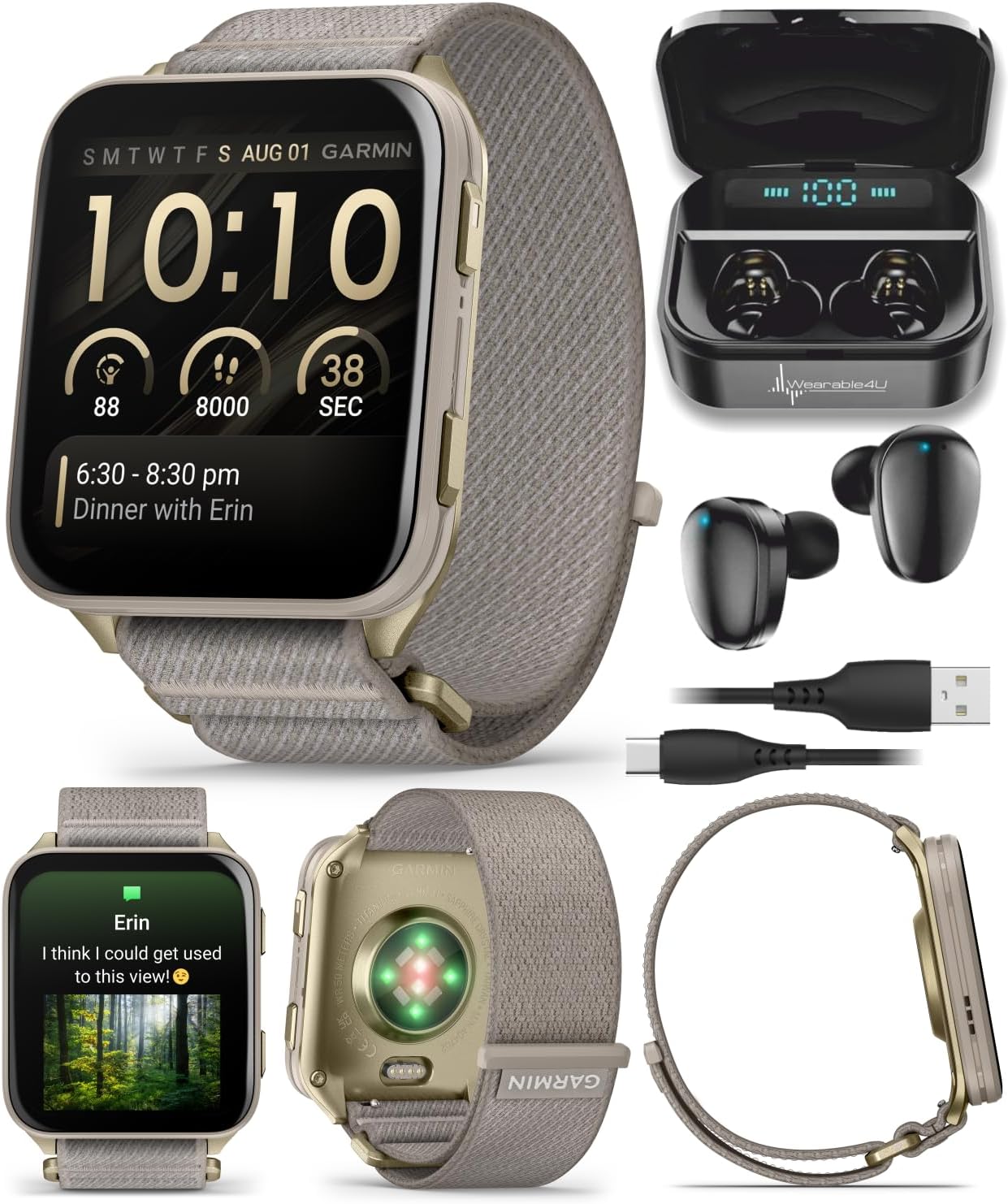 Garmin Venu X1 Thin and Lightweight GPS Smartwatch, AMOLED Display, Advanced Health & Fitness Features, Soft Gold w/Titanium Caseback & French Gray Nylon Band Black Earbuds Bundle