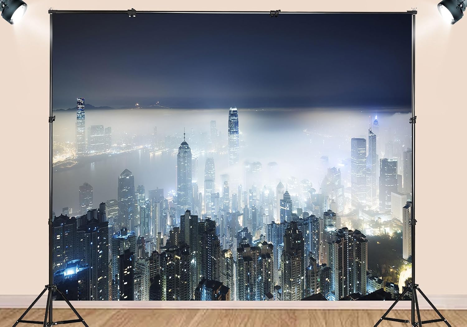 20X10ft Fabric Foggy Night City Skyline Backdrop Blue White Misty Skyscraper Background Urban Party Decorations Atmospheric Wall Hanging Tapestry Photo Studio Props
