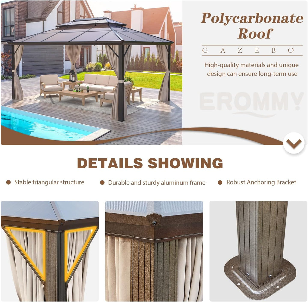 EROMMY 12'x16' Gazebo Polycarbonate Double Roof Pavilion Gazebo Outdoor Aluminum Frame Canopy with Netting and Curtains for Garden Patio Lawns Parties