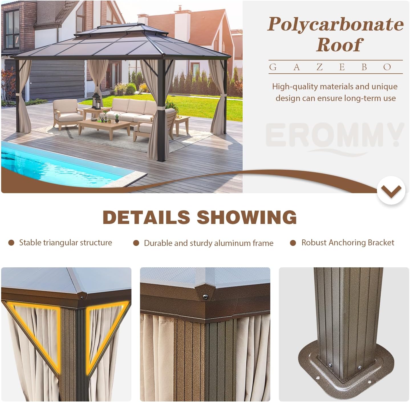 EROMMY 12'x16' Gazebo Polycarbonate Double Roof Pavilion Gazebo Outdoor Aluminum Frame Canopy with Netting and Curtains for Garden Patio Lawns Parties