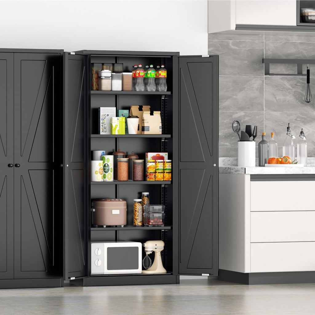 Greenvelly 63' H Black Farmhouse Metal Pantry Cabinet, Kitchen Pantry Storage Cabinets with 2 Doors and Adjustable Shelves, Kitchen Pantry Cabinets for Home, Garage and Bedroom