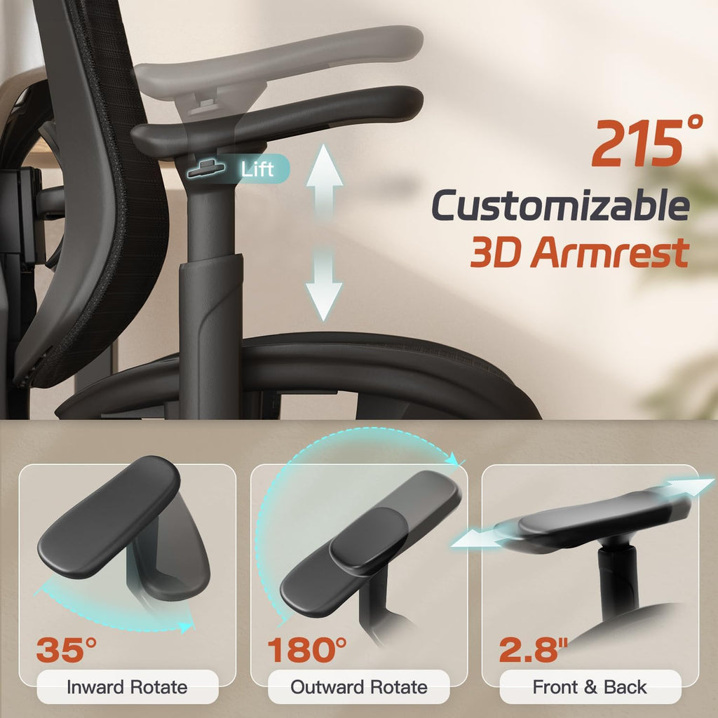 Ergonomic Office Chair, Mesh Desk Chair with Footrest, Adjustable Lumbar Support, 3D Armrest & Large Headrest, 3-Gear Tilt Recline, Stable Swivel Computer Gaming Chairs for Man Woman