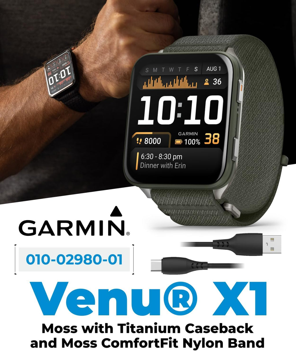 Garmin Venu X1 Thin and Lightweight GPS Smartwatch, AMOLED Display, Moss with Titanium Caseback and Moss ComfortFit Nylon Band Black Earbuds Bundle