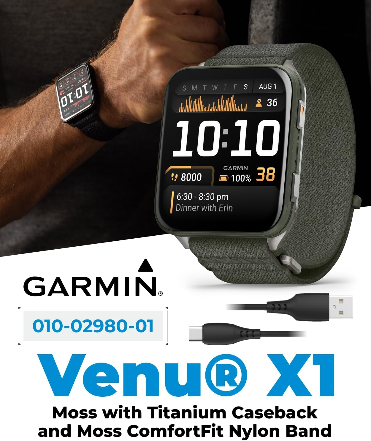 Garmin Venu X1 Thin and Lightweight GPS Smartwatch, AMOLED Display, Moss with Titanium Caseback and Moss ComfortFit Nylon Band Black Earbuds Bundle