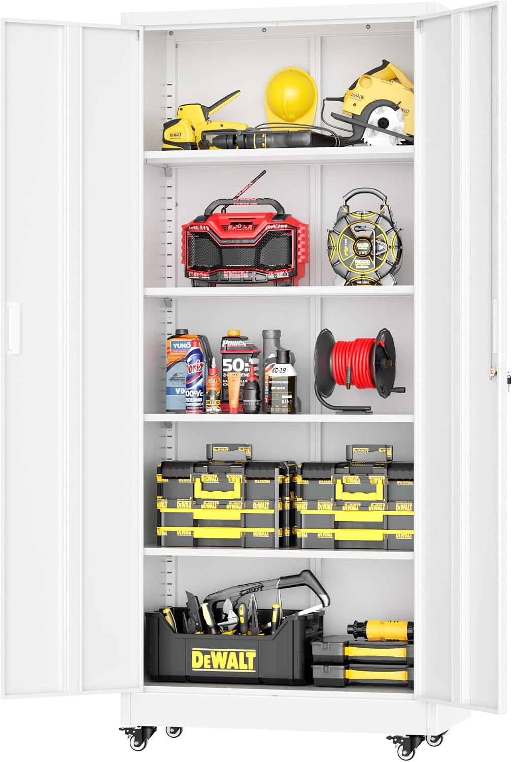 Greenvelly White Metal Storage Cabinet with Wheels, 73' Steel Garage Rolling Cabinet with Doors and 4 Shelves, Tall Locking Cabinets Tool Lockable Storage Cabinets for Basement, Pantry, Home Office