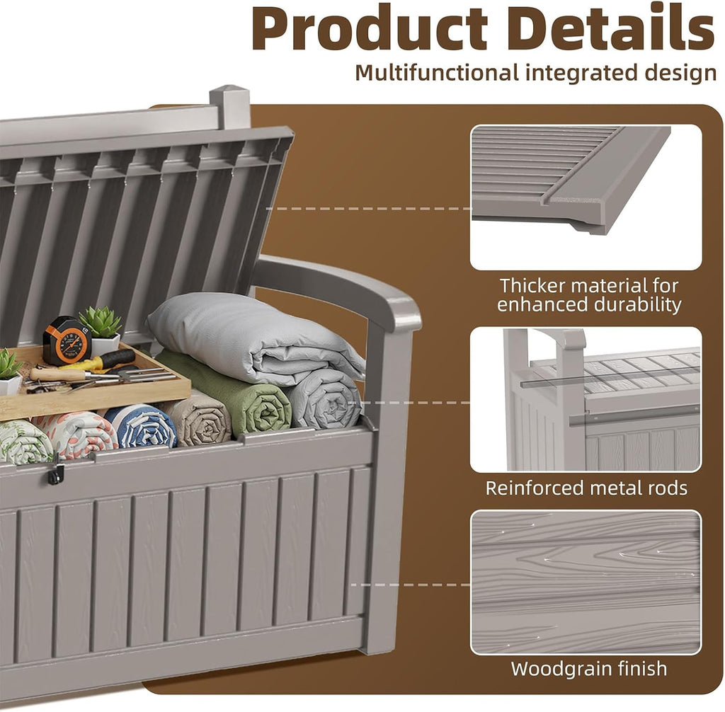 EasyUp 80 Gallon Wood Grain Style Outdoor Storage Bench, Waterproof and Lockable Deck Box Outdoor Storage Furniture for Patio,Garden,and Porch – Perfect for Storing Garden Tools and Cushions(Gray)