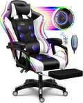 Gaming Chair with Speakers and Massage Computer Gaming Chair with LED RGB Lights and Footrest High Back Ergonomic Video Game Chair with Adjustable Lumbar Support for Adults,White