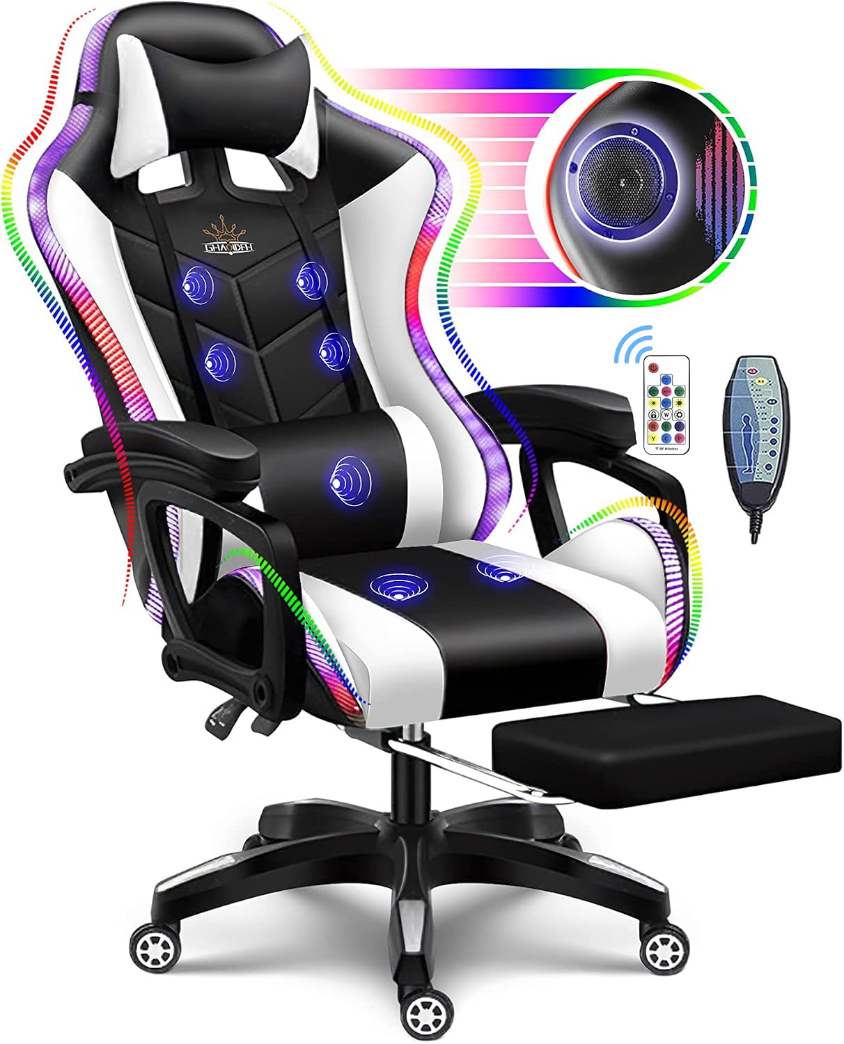 Gaming Chair with Speakers and Massage Computer Gaming Chair with LED RGB Lights and Footrest High Back Ergonomic Video Game Chair with Adjustable Lumbar Support for Adults,White