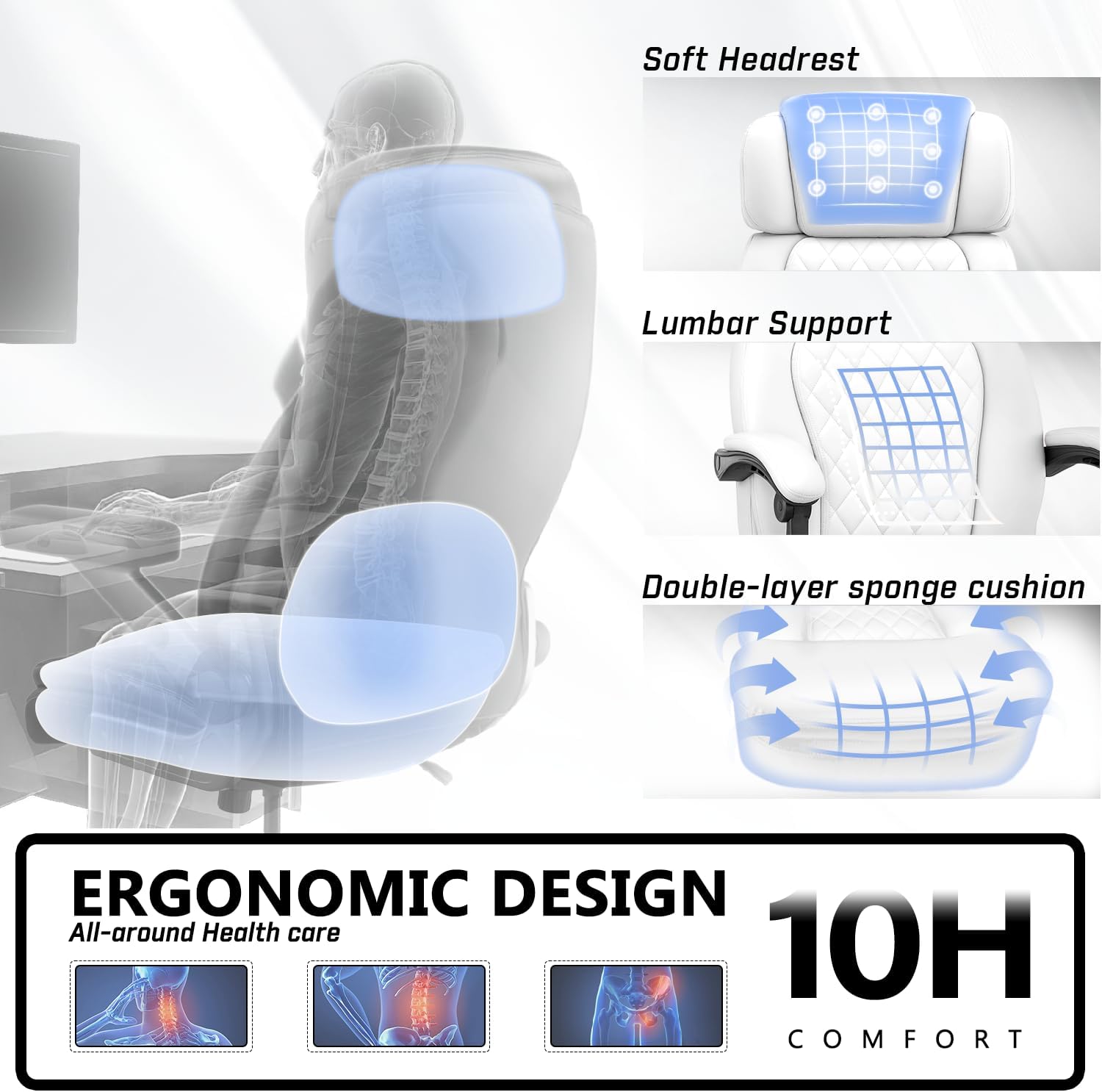400lbs Office Chair with Foot Rest, Ergonomic Big and Tall Office Chair with Adjustable Headrest, High Back PU Leather Computer Chair,Comfy Heavy Duty Office Desk Chair (Classic White)