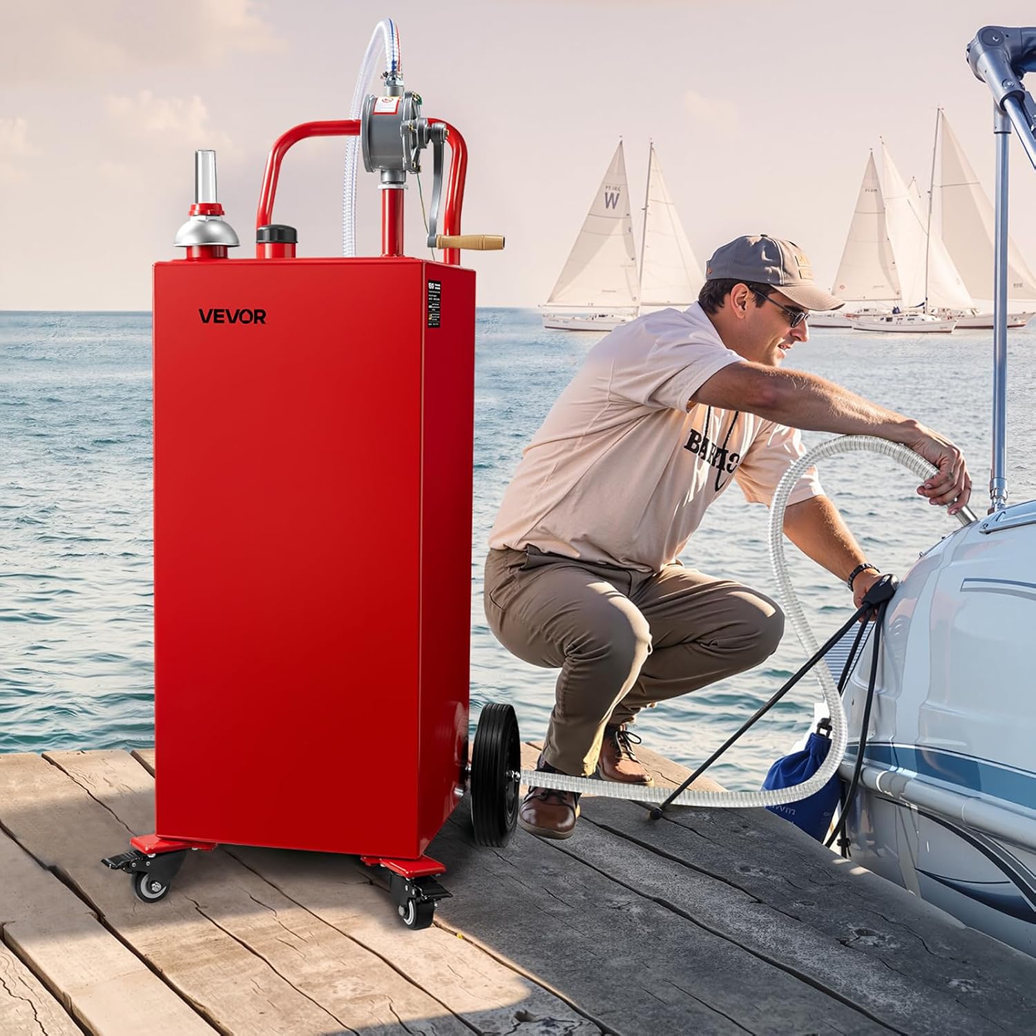 VEVOR 40 Gallon Gas Caddy, Diesel Tank with Manual Transfer Pump, Diesel Storage Tank with 4 Wheels & 10 ft Hose, Gas Container for Cars, Lawn Mowers, ATVs, Boats, More, Red