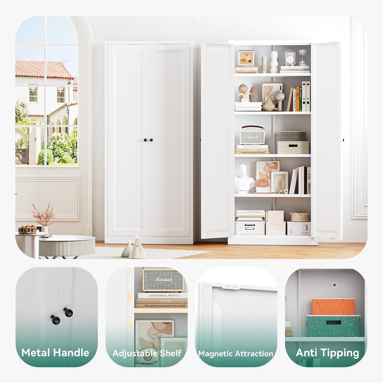 Greenvelly Metal Cabinet, 63' H White Metal Storage Cabinet with Doors and 4 Shelves, Pantry Storage Cabinet for Kitchen, Bedroom, Living Room, Office (Modern)