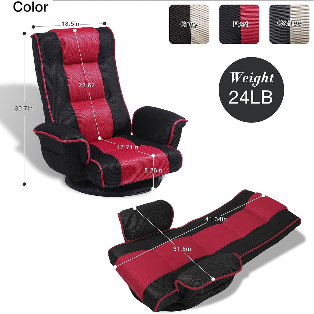360 Degree Swivel Floor Chairs for Adults, Gaming Floor Chair with Back Support, 14 Angles Adjustable Comfortable Floor Lounge Chair Folding Video Game Chairs Office Bedroom 201(Black+Red)